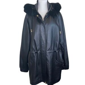 Worthington Leather Coat Fur Lined Hood Drawstring Waist